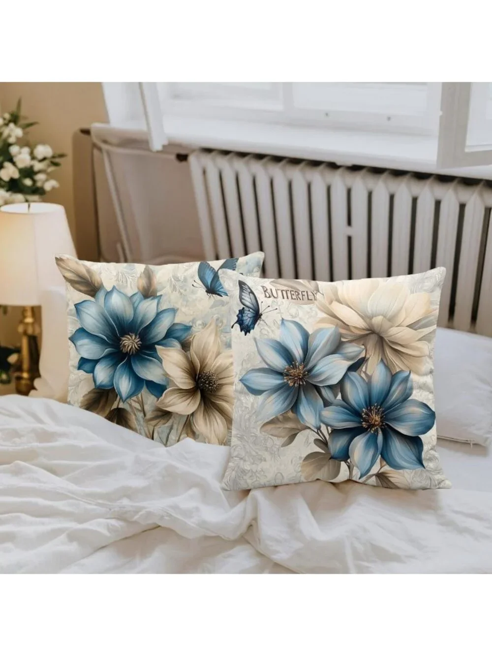 Elegant Floral Butterfly Throw Pillow Covers Set of 4 - 18x18 Blue Gold White